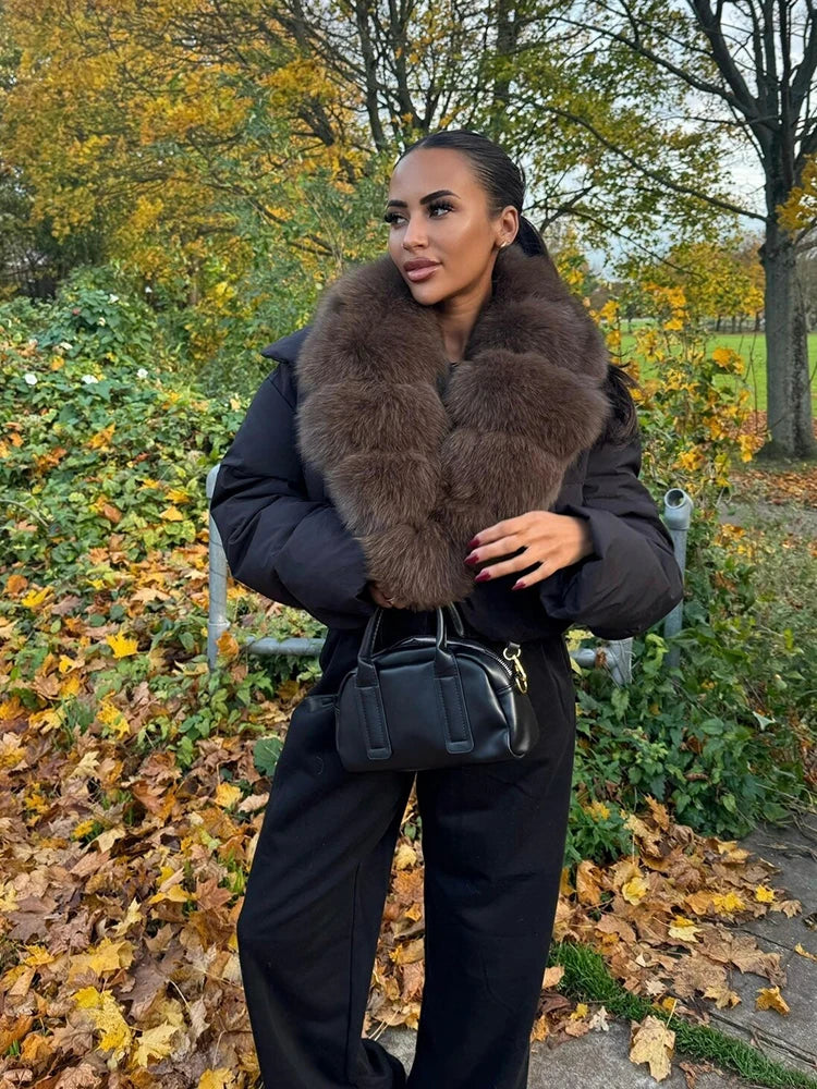 Luxury Thick Faux Fox Fur Collar Cropped Puffer Coat Women Oversized Lapel Zip Up Short Warm Windproof Winter Outerwear Jacket Pi-Mart