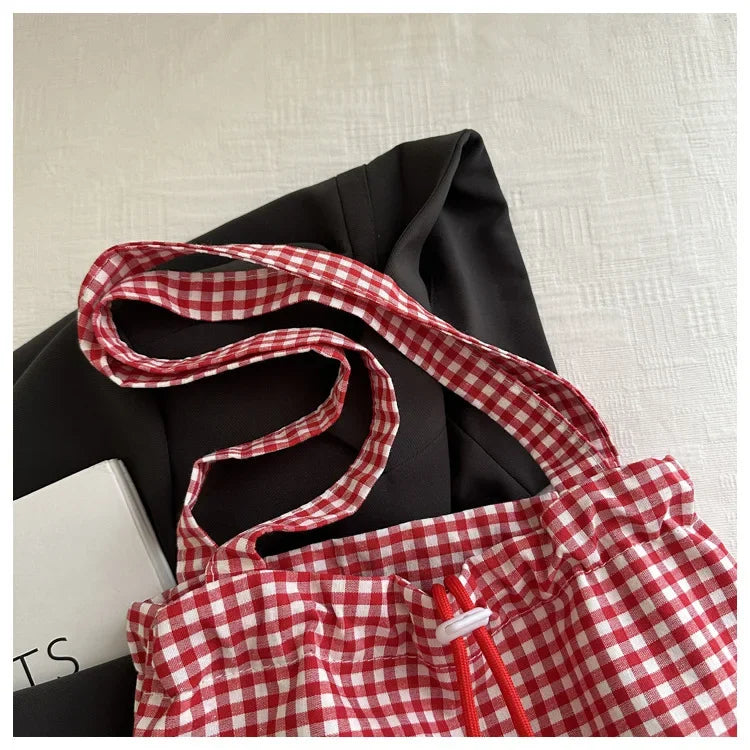 Large Capaci Cute Plaid Cotton Tote Bag  Lace Trim Women's Summer 2025 Simple Lady Handbag Soft Shoulder Bags Bolsa Feminina Pi-Mart