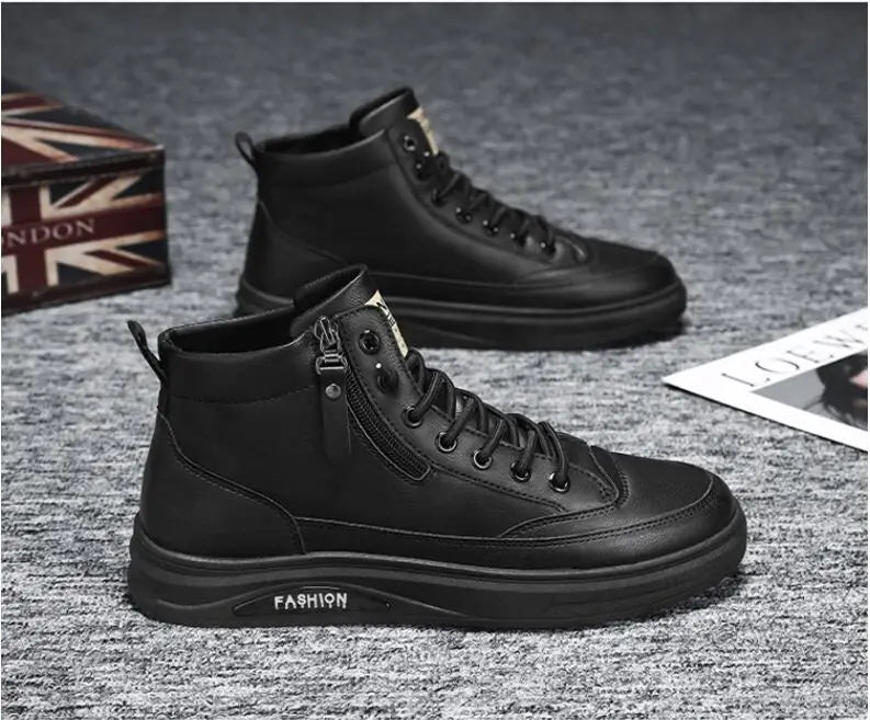 Men Boots Autumn High Top Leather Casual Shoes Fashion Cotton Shoes Flat Ankle Boots Business Outdoor Shoes Man Sneakers New Pi-Mart