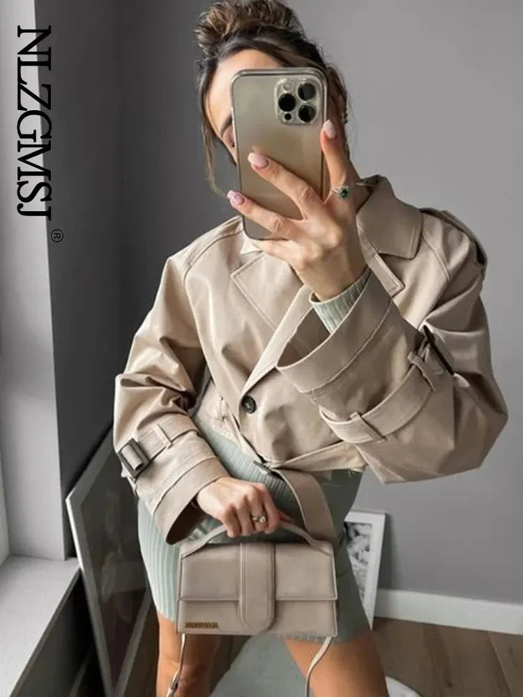 2024 Belt Cropped Trench Spring Jacket Women Vintage Streetwear Double Breasted Long Sleeve Top Female Coat Outfits LadyShow.Store