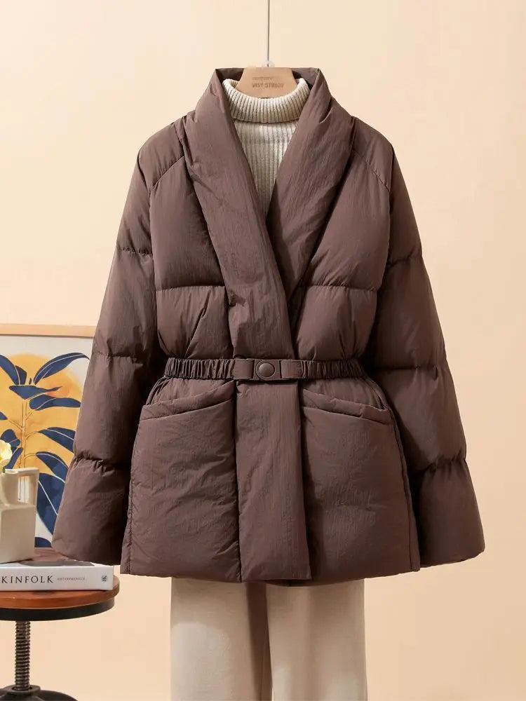 New Fashion Temperament Cotton Coat Women Winter Warm Solid Color V-neck Gathered Waist Jacket Coats Parkas with Belt LadyShow.Store