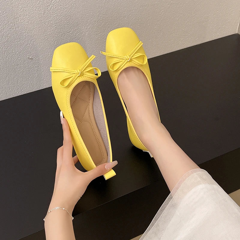 2026 Brand Women Flats Spring New Square Toe Bowknot Ladies Casual Ballet Shoes Big Size Slip on Soft Eelgant Dress Shoes 12457 Pi-Mart
