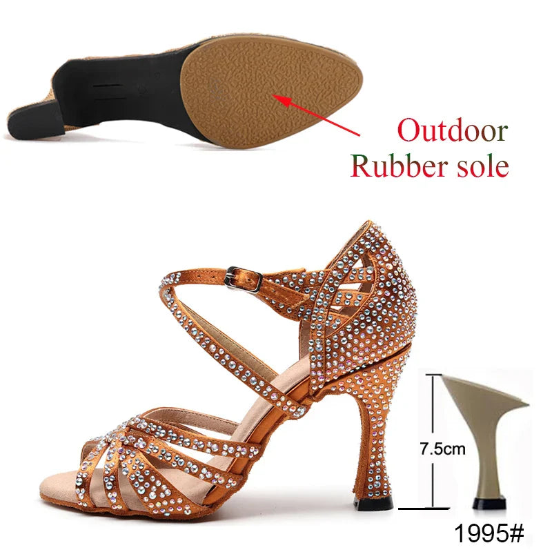 Latin Dance Shoes Ladies Salsa Tango Sneakers Training Dance Shoes High Heel Sandals Summer Square Dance Shoes Bronze Black LadyShow.Store