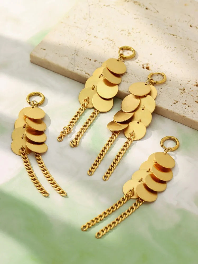 Stainless Steel Dangle Earrings For Women 18k Gold Plated Waterproof Non Tarnish Women's Glossy Sheets Chains Tassel Earring Pi-Mart