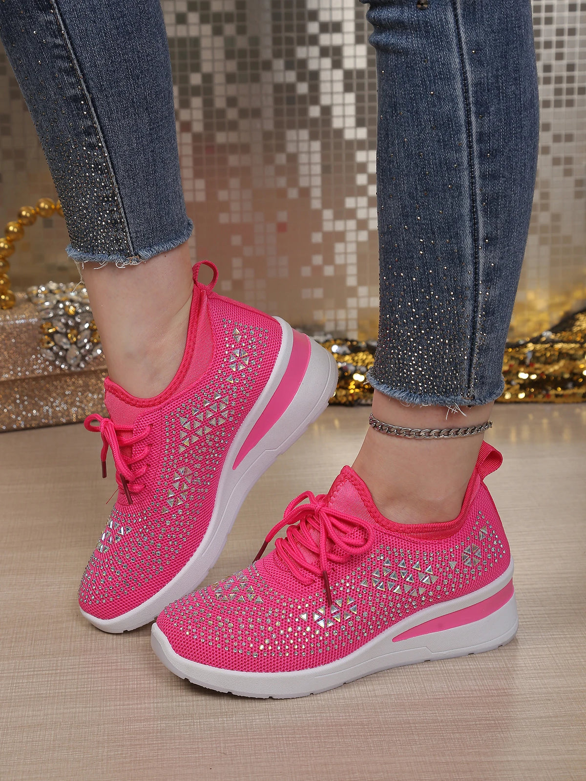 Women's Rhinestone Embellished Knit Mesh Wedge Sneakers, Adjustable Lace-Up Closure, Daily Walking Casual Footwear Pi-Mart