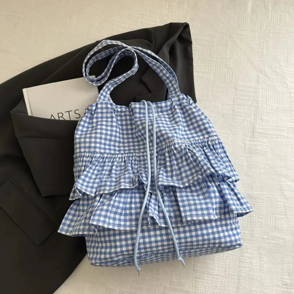 Large Capaci Cute Plaid Cotton Tote Bag  Lace Trim Women's Summer 2025 Simple Lady Handbag Soft Shoulder Bags Bolsa Feminina Pi-Mart