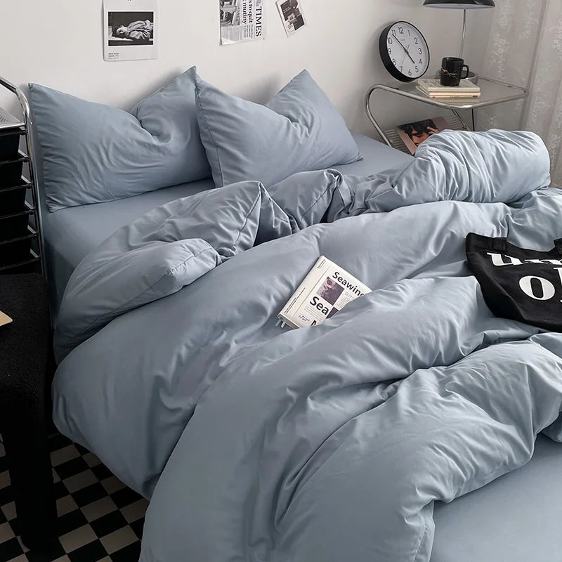 Washed Cotton Bed Linen Bedding Set 4 Pieces Bed Sheets Set Solid Color Comforter Cover Couple Queen King Size Bed Quilt Cover LadyShow.Store