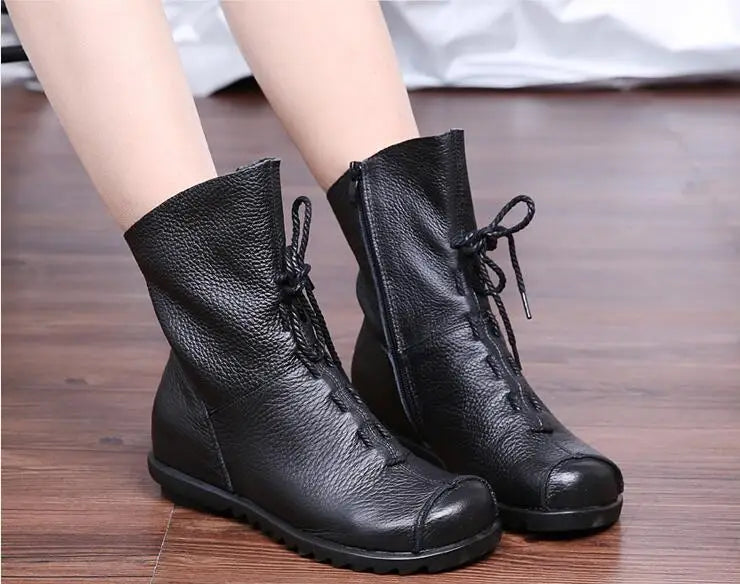 Genuine Leather Plush women's short Boots Retro Casual Autumn Winter Women Boots Waterproof warm Snow boots Plus Size 42 Pi-Mart