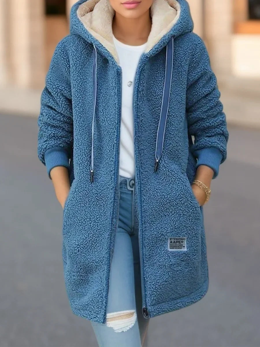 Women's Hooded Top  Winter Coat Thickened Fleece-lined Sweatshirt Cardigan Winter Trendy New Style Lamb Wool Jacket Ladies Pi-Mart