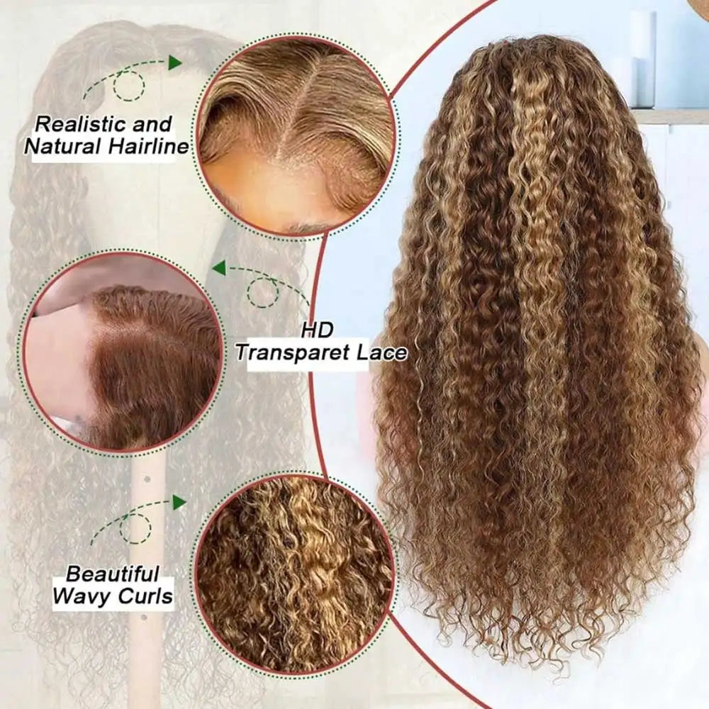 Highlight Curly Wig 13x4 Lace Front Wig Human Hair Wigs Glueless HD Deep Wave Lace Frontal Wig 4/27 Colored Wigs PrePlucked LadyShow.Store