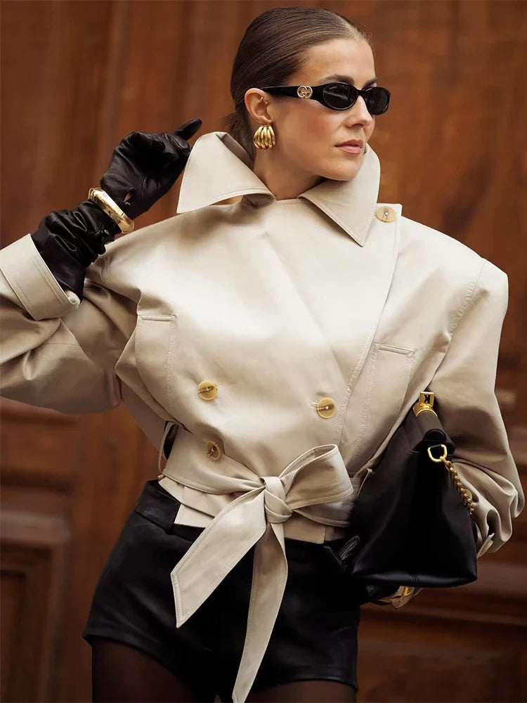 SLTNX 2026 New Women's British Wind Trench Coat Style Double-breasted Long Sleeve Belt Lapel Jacket Short Coat LadyShow.Store