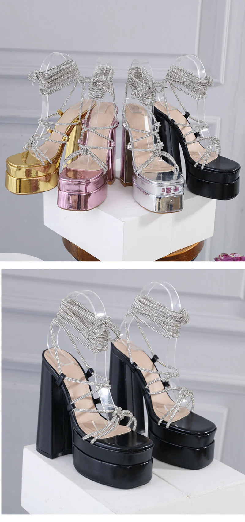 MM2025 New Arrival Rhinestone Embellished Knot T-Strap Heels Roman Peep-toe Summer Sandals Shiny Perfomance Anniversary Footwear Pi-Mart