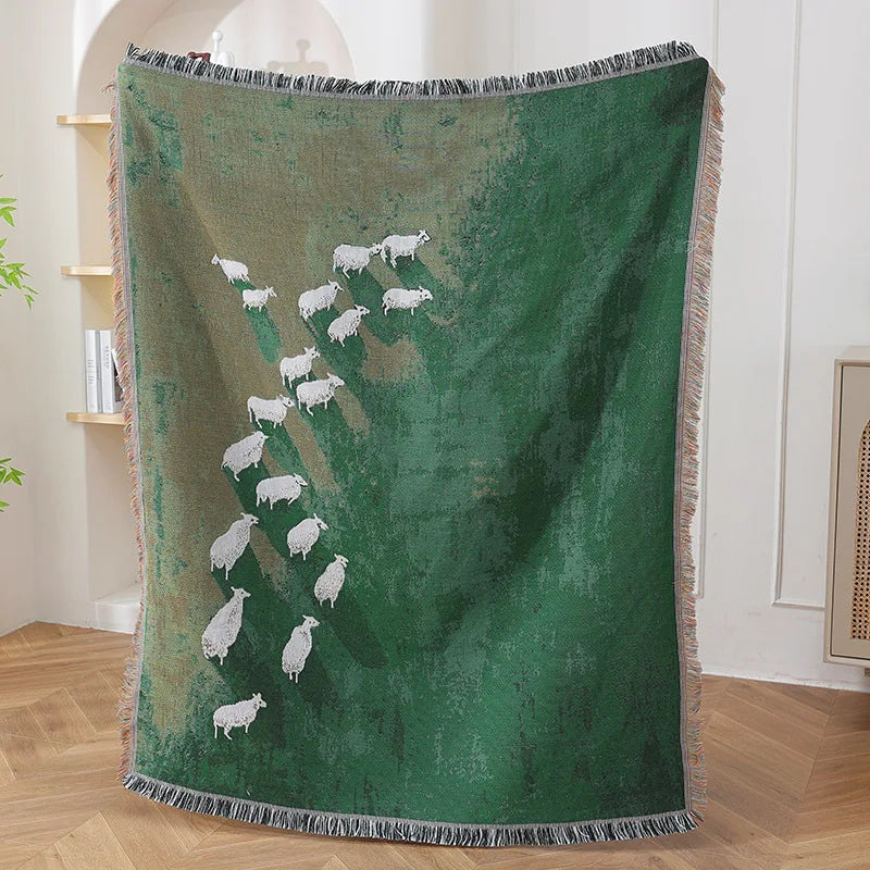 Textile City Sheep Herd Green Meadow Jacquard Woven Throw Blanket Whimsical Countryside Farm Animal Fringed Decor Sofa Blanket Pi-Mart