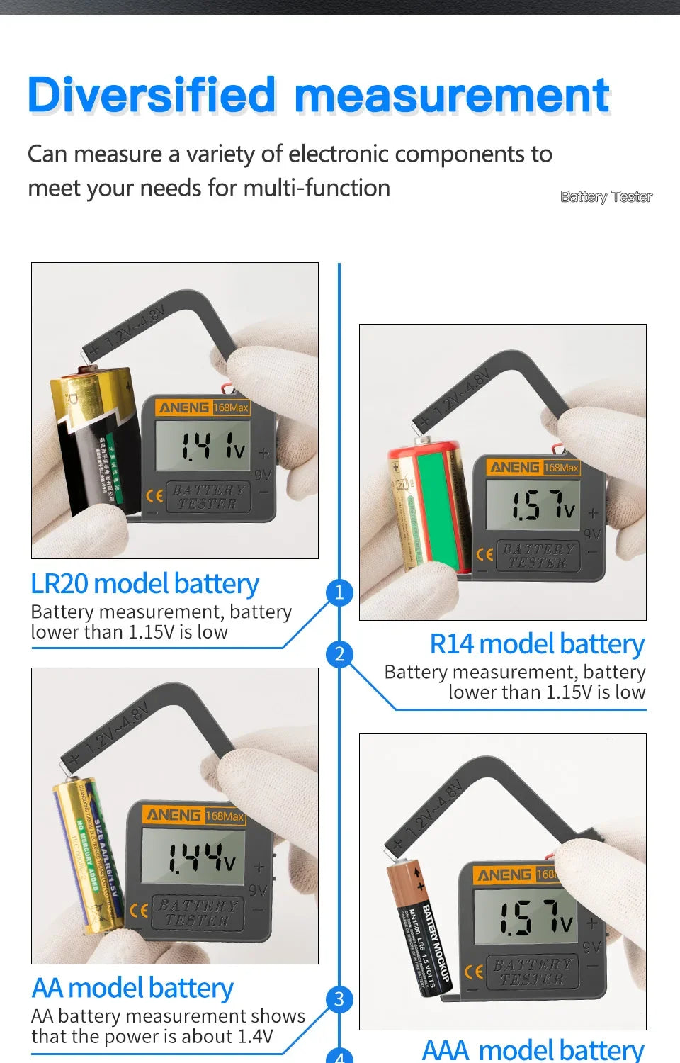 ANENG 168MAX Self Powered Digital LCD Battery Checker AA AAA C D 9V Button Cell 18650 Lithium Cell Voltage Capacity Test Tool Pi-Mart