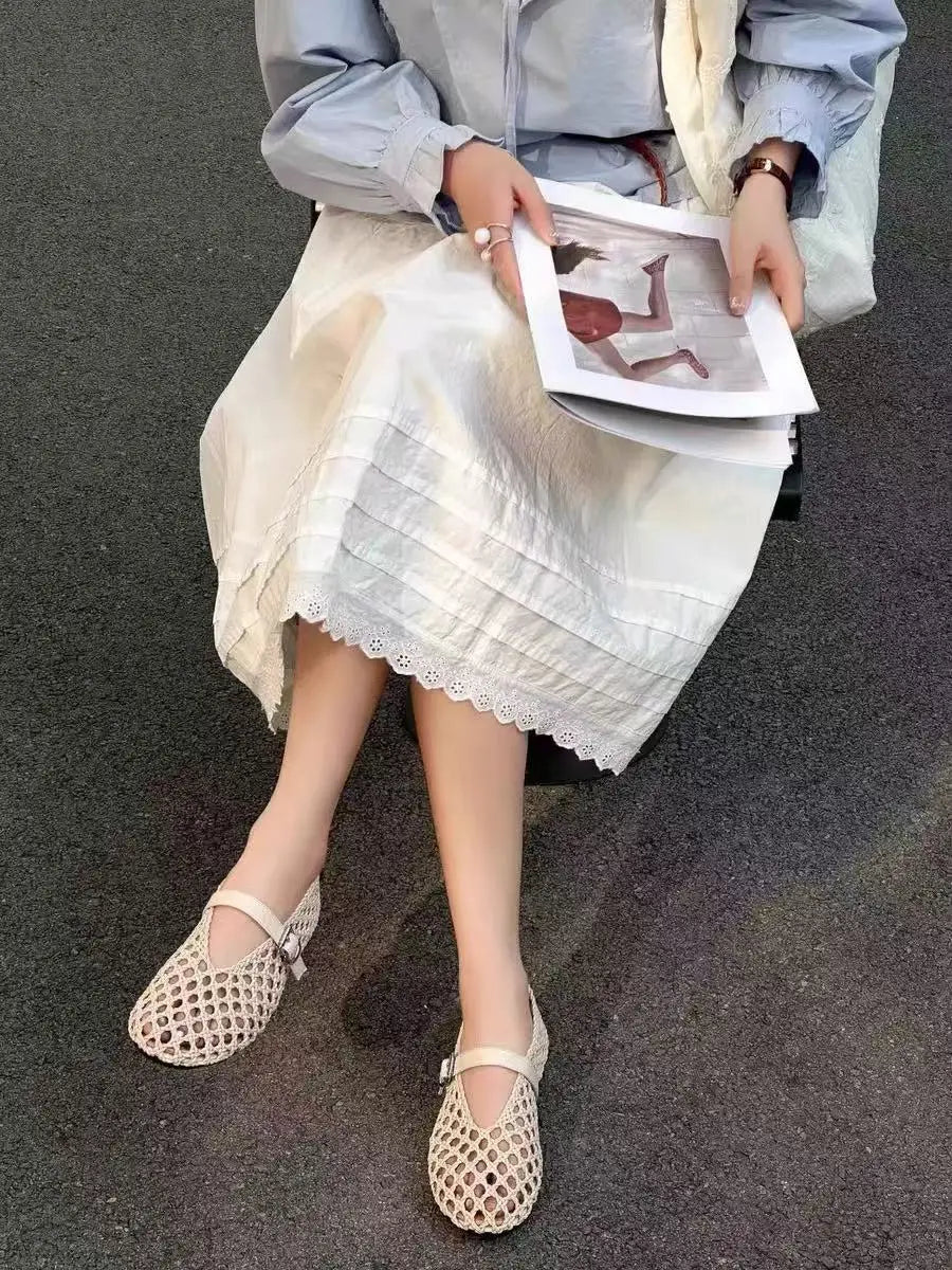 2026 Summer New Fashion Simple One-Buckle Vintage Flats for Women, Soft and Comfortable Ballet Shoes, Shallow Mouth Sandals Pi-Mart