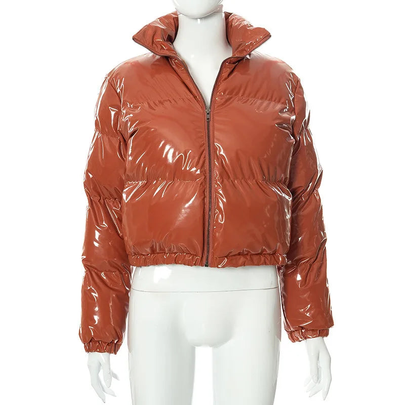 Fashion Cute Women Bright PU Pink Puffer Jacket Winter Warm Bubble Coats Shiny Leather Parkas Down Zipper Cropped Jackets Parkas LadyShow.Store