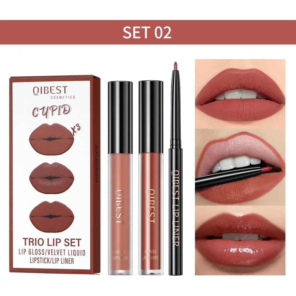 3pcs Matte Liquid Lipstick+Lip Liner Set Lip Glaze Makeup Nude Black Red Velvet Lip Gloss Long Lasting Lip Tint Cosmetics Kits Pi-Mart