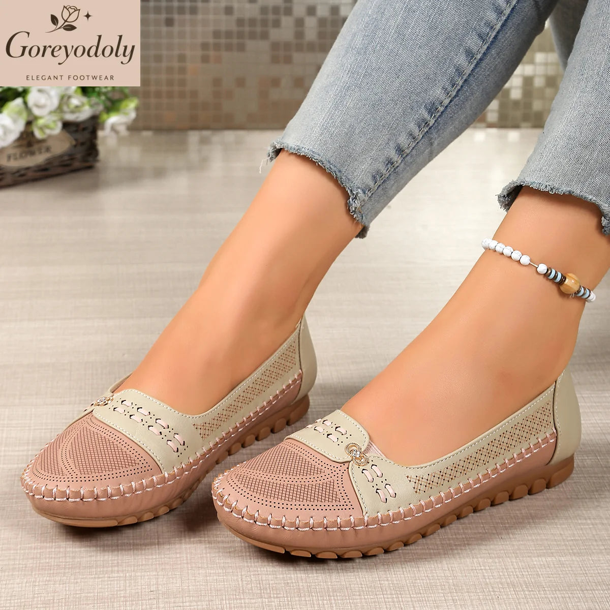goreyodoly Women Slip On Loafers Wide Fit Comfortable Flats Lightweight Breathable Colorblock Shoes Chain Detail Durable Rubber Pi-Mart