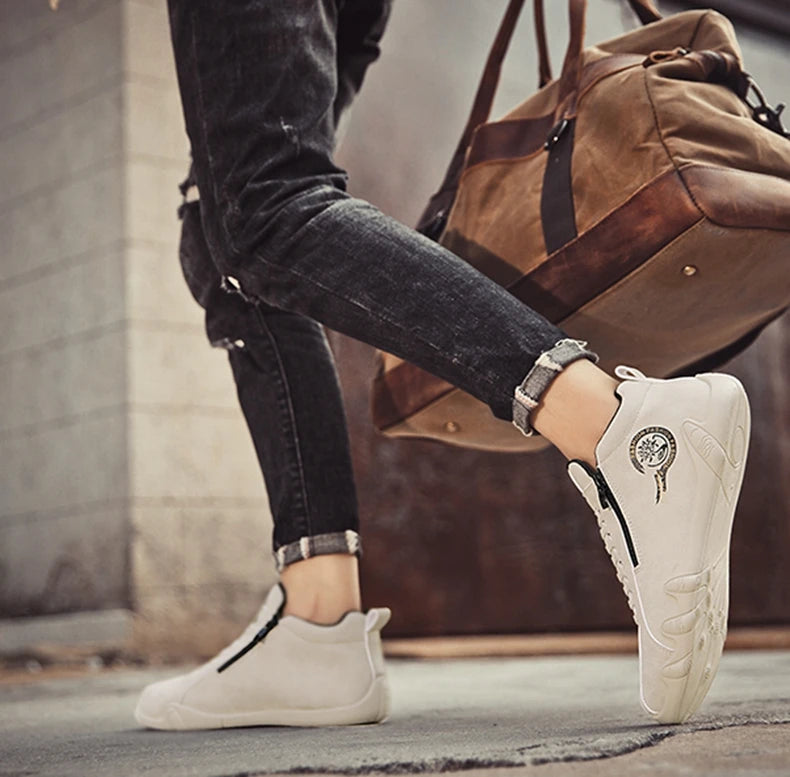 Men's Casual Shoes Side Zipper Short Boots Versatile Flats Bottom Trbottomyy Fashion Pu Leather Men's Shoes Spring Suitable for Outdoor Sports Pi-Mart