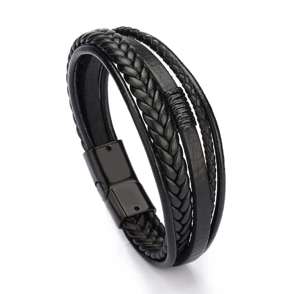 Trendy Leather Bracelets For Men Stainless Steel Bracelet 21CM Multilayer Braided Rope Bracelets for Male Jewelry Gifts Pi-Mart