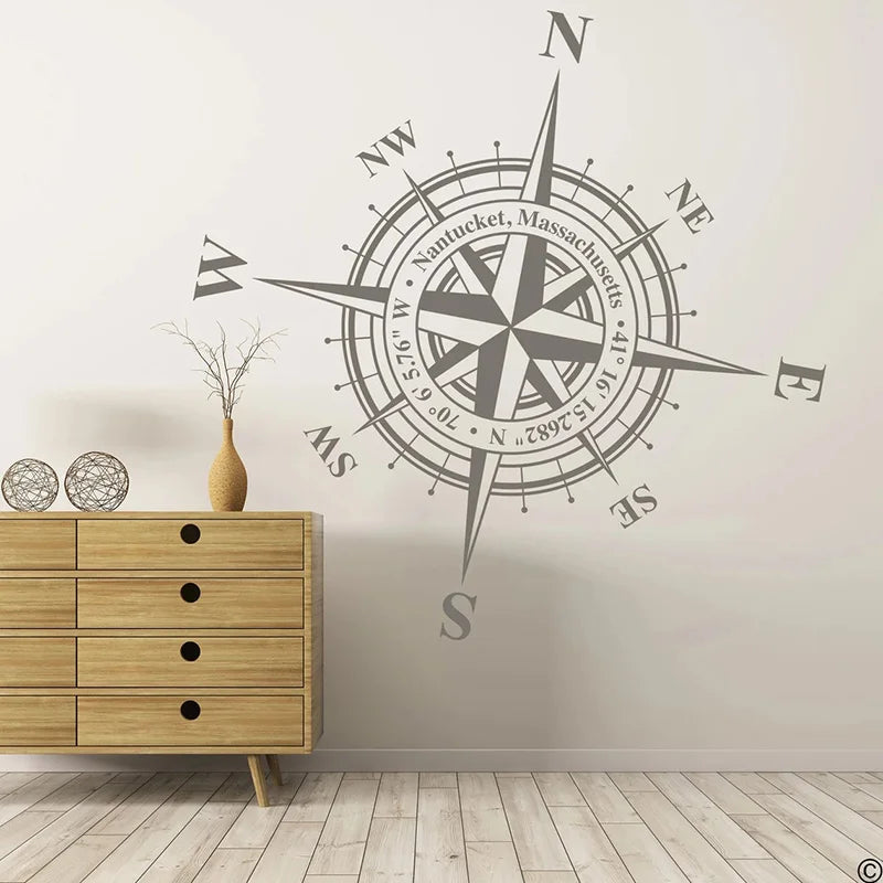 Customizable Compass Rose Wall or Ceiling Decal, Add Your Own Coordinates, Town, State or Family Name Nautical Home Decor AB37 LadyShow.Store