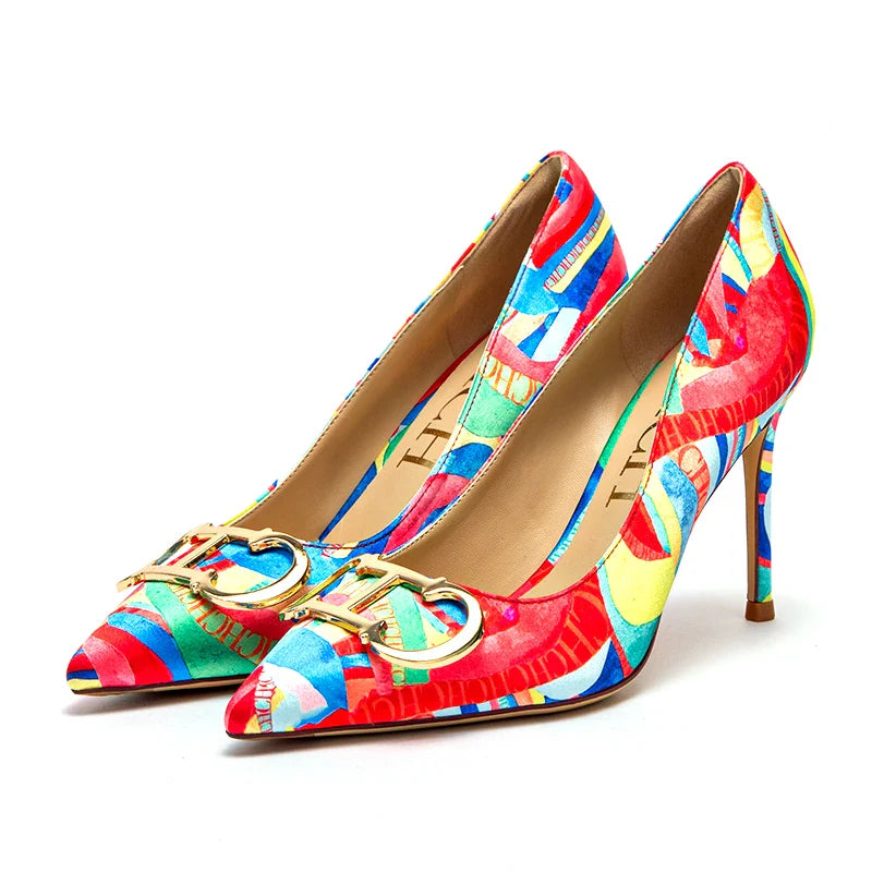 CHCH Women's High Heels New Pointed Metal Buckle Party Carnival Women's Shoes 9cm LadyShow.Store