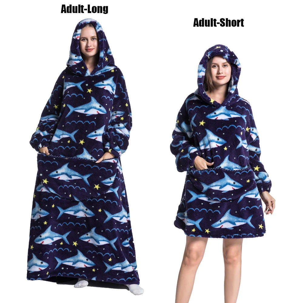 Women Plush Fleece Blanket Men Warm Thick Hoodies Adult Giant TV Blanlets with Sleeves Super Long Cold-proof Homewear Pajamas Pi-Mart