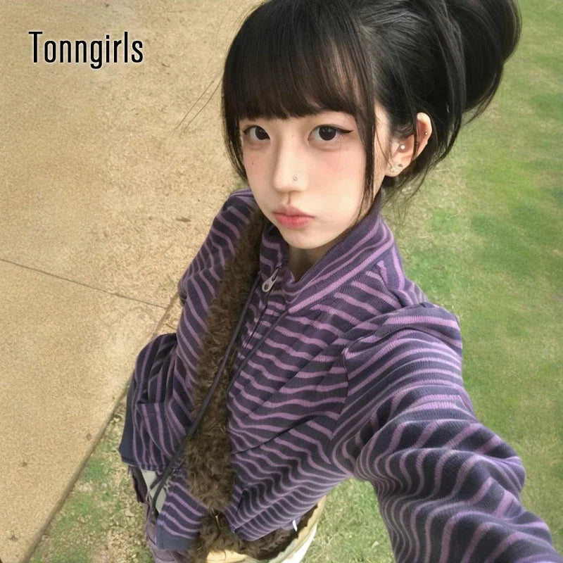 Tonngirls Y2k Japanese Sweatshirts Women Long Sleeve Striped Stand Collar Sweatshirt High Street Graphic Winter Coats E-girls LadyShow.Store