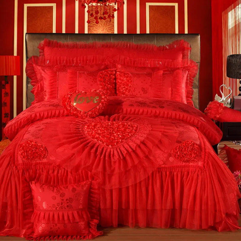 Luxury Wedding Bedding Sets Queen King Size Pink Princess Lace Bedcover Set Jacquard Duvet Cover Bed Sheet Pillowcases LadyShow.Store