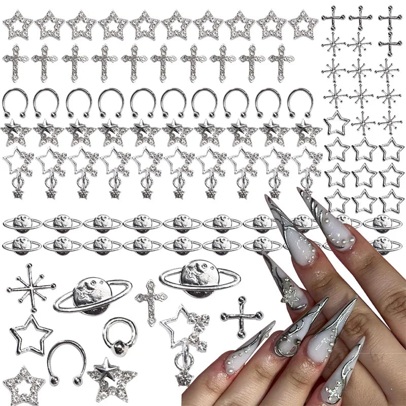 80PCS Star Nail Charms for Acrylic Nails,Silver Star Planet Cross Alloy Nail Art Decoration, Nail Stones Nail Jewels Accessorie Pi-Mart