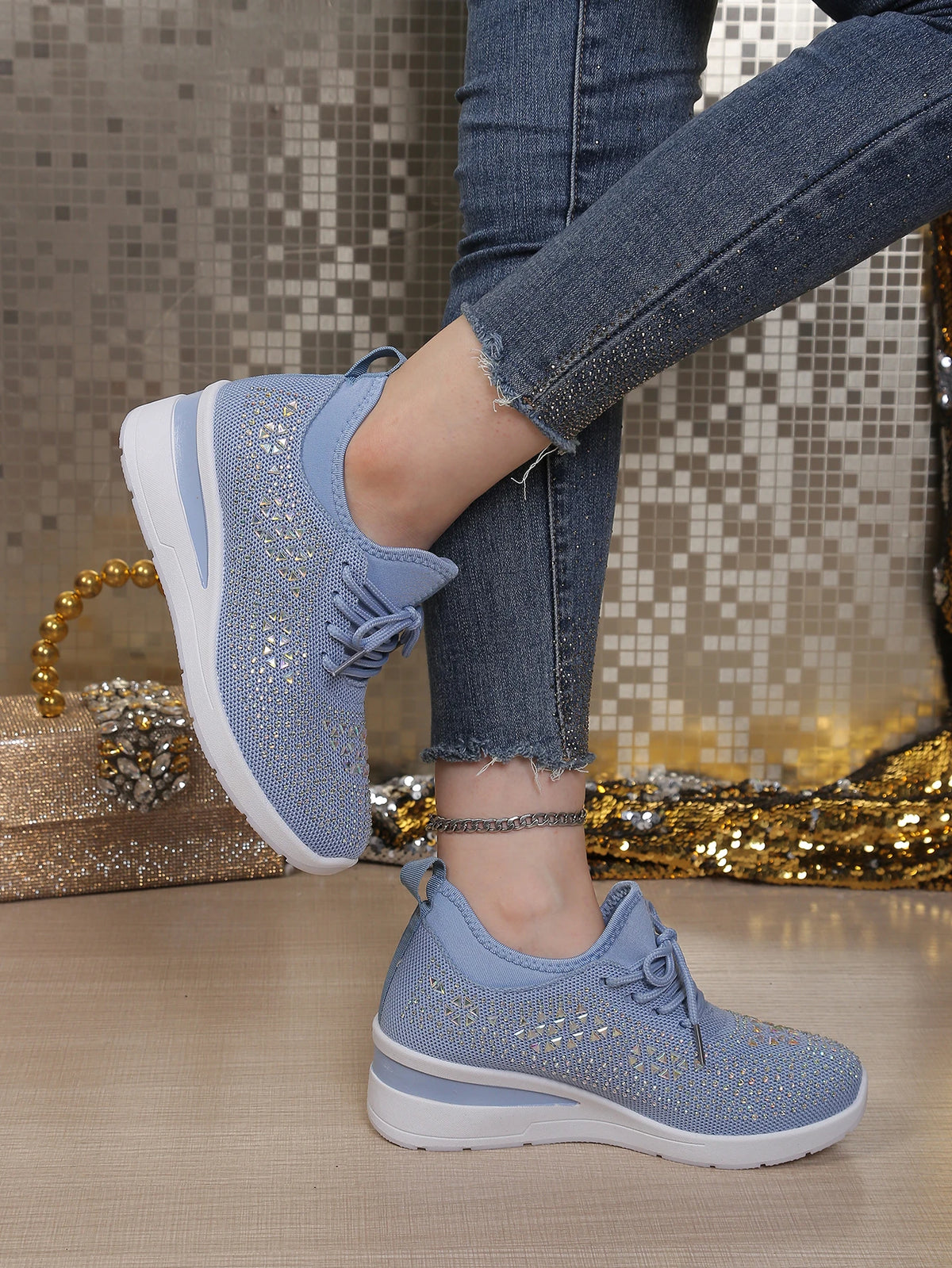 Women's Rhinestone Embellished Knit Mesh Wedge Sneakers, Adjustable Lace-Up Closure, Daily Walking Casual Footwear Pi-Mart