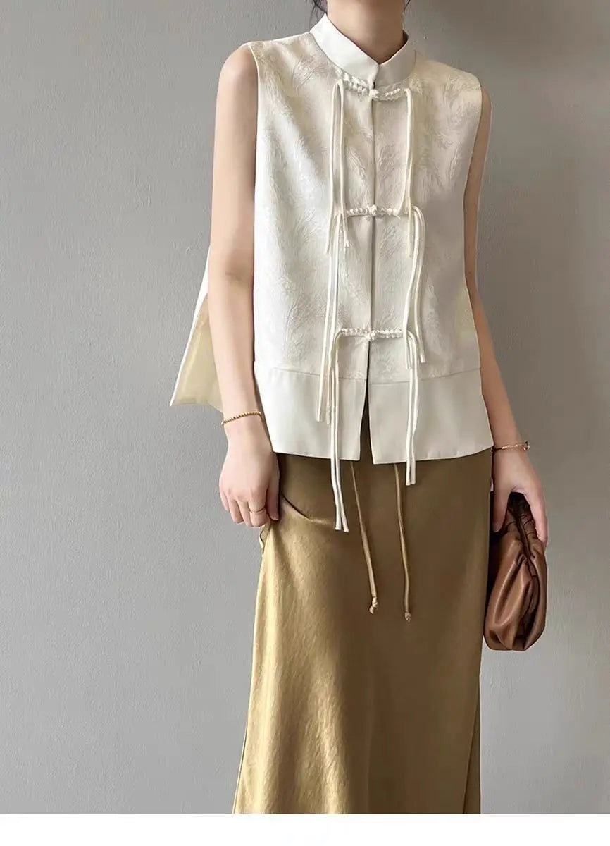 2026 spring new chinese new style plate buckle waistcoat jacket jacquard stand collar sleeveless retro women cheongsam waistcoat Pi-Mart