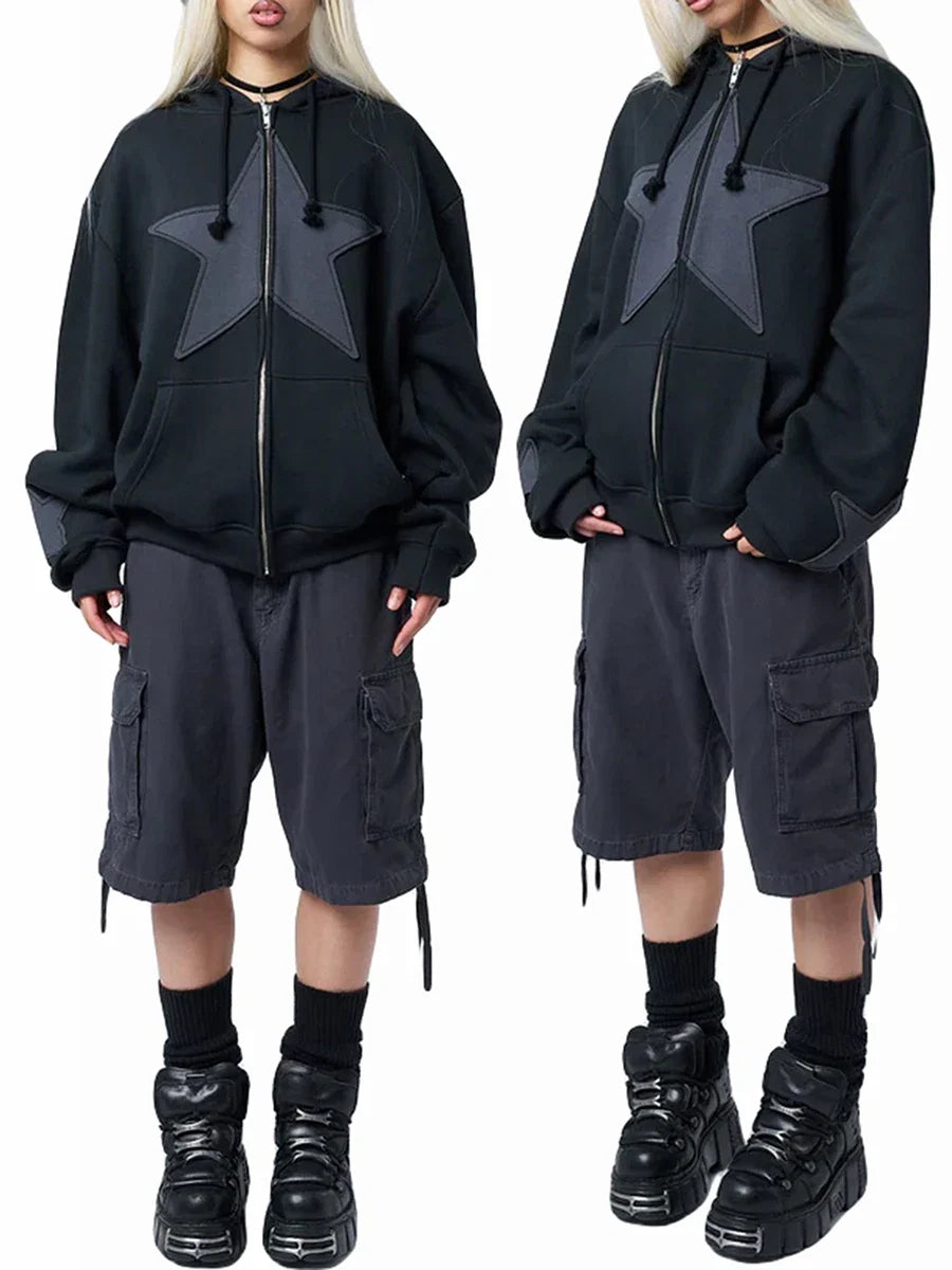 Y2K Vintage Star Print Hooded Hoodie for Women Casual Loose Long Sleeve Zip Up Drawstring Sweatshirts Autumn Spring Coat Street LadyShow.Store