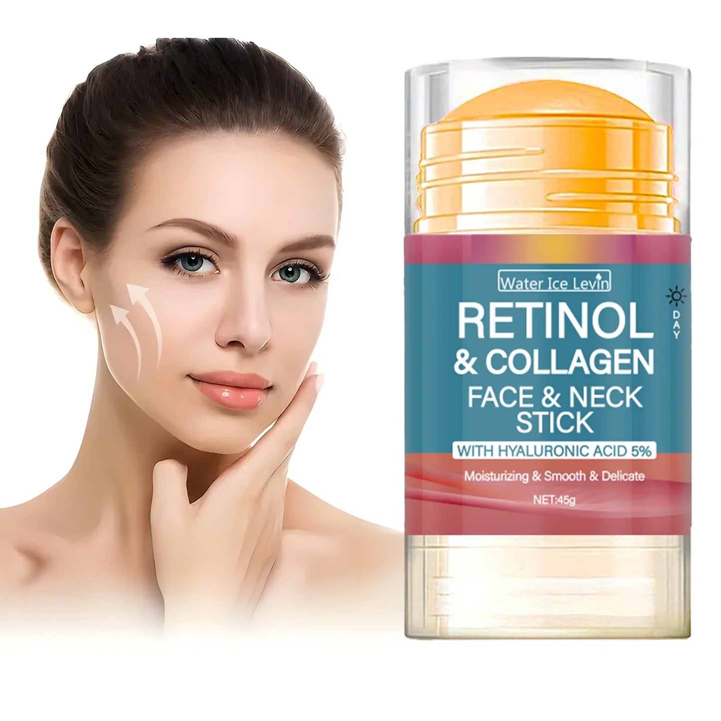 Retinol and Collagen Facial and Neck Care Stick Containing Hyaluronic Acid 5%, Moisturizing and Firming, Locking in Moisture, Day and Night Care, Portable Skin Care Tri Light Beauty