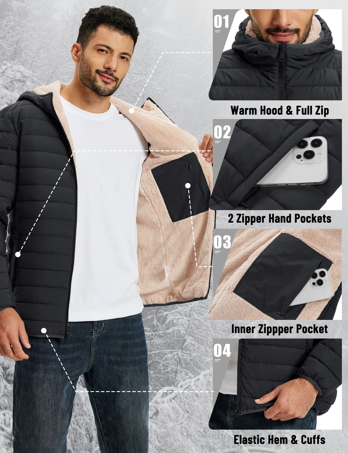 TACVASEN Men's Puffer Jacket Winter Warm Hooded Sherpa Lined Water Resistant Windproof Insulated Jacket Warm Winter Puffy Coat Pi-Mart