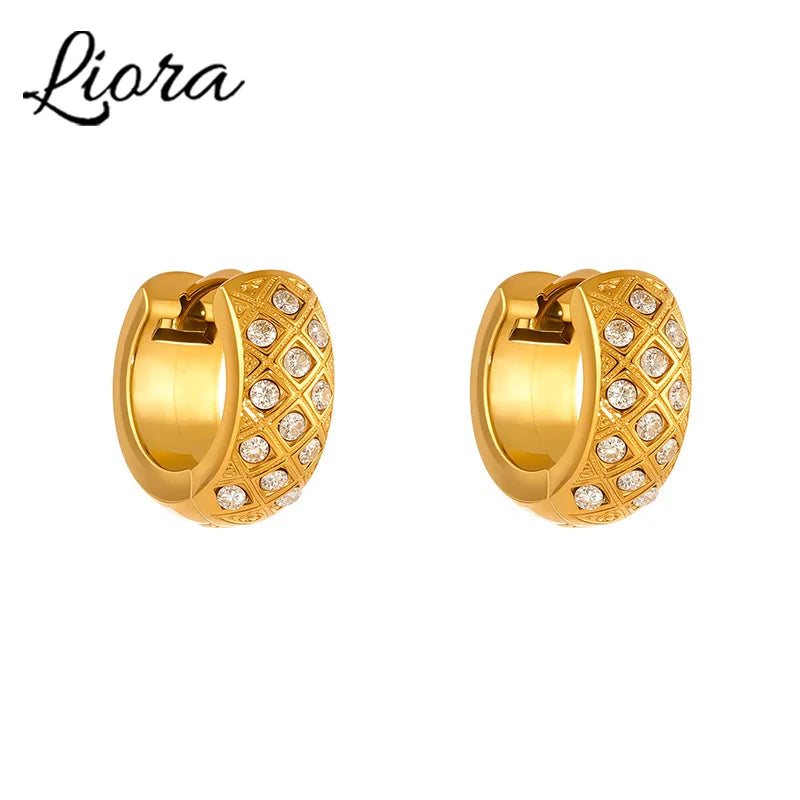 Liora Stainless Steel Zircon Women Hoop Earrings Metal Texture PVD Gold Plated Hypoallergenic Wedding Banquet Earrings Jewelry Pi-Mart