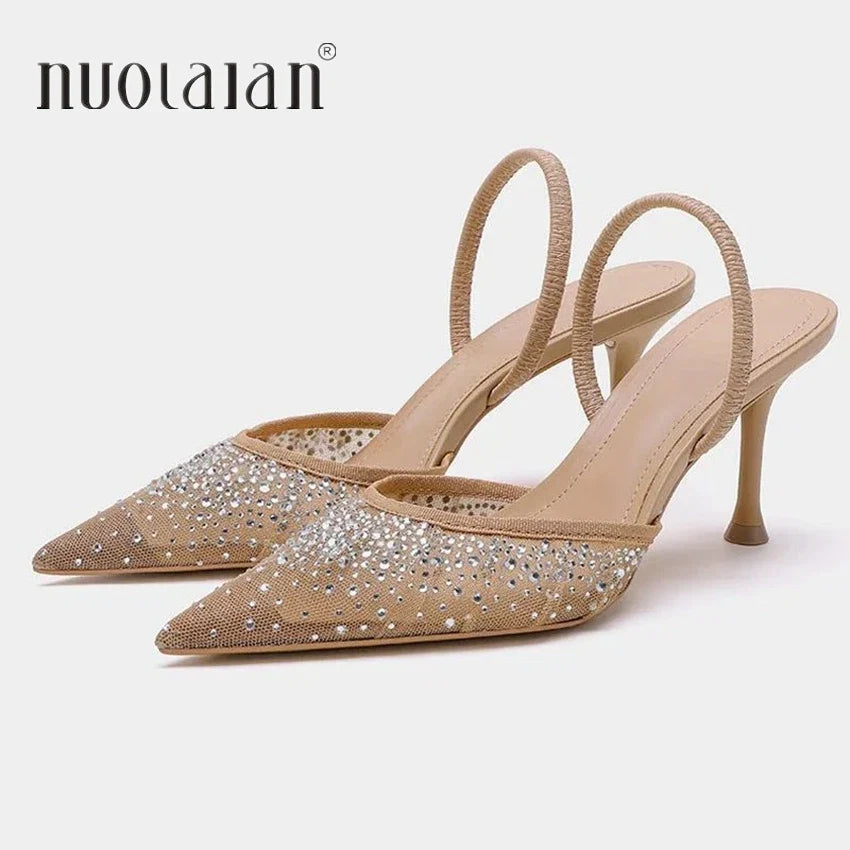 New Summer Women's Sandals Rhinestone Bright Mesh High Heels Footwear Elegant Slingback Pointed Slip on Party Lady Pumps Shoes LadyShow.Store