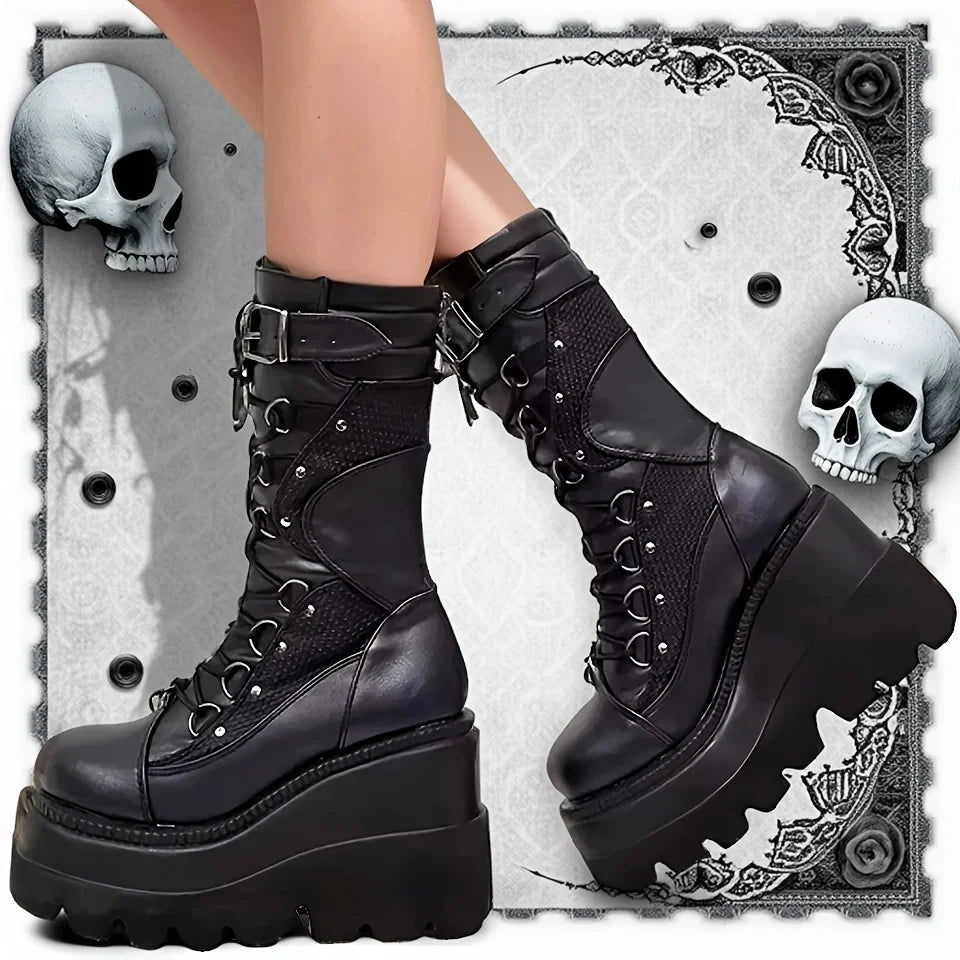 Brand New Ladies Goth Platform Boots Fashion Rivet Buckle Punk Wedges High Heels women's Boots Party Street Cosplay Woman Shoes Pi-Mart