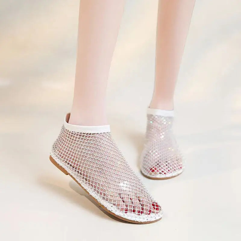 Luxury brand Women's New Round Toe Flat Bottom Slippers Hollow Short Boots Water Diamond Sexy Flat Bottom Banquet  Sandals LadyShow.Store