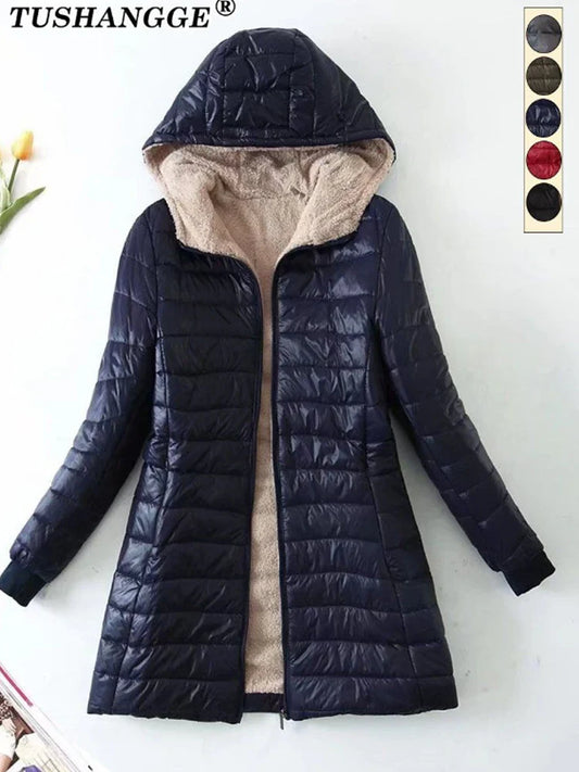 New Mid Length Korean Edition Hooded Fit Women Jackets Autumn Winter Mid-length Office Cotton Coats Warm Lamb Fleece Parkas LadyShow.Store