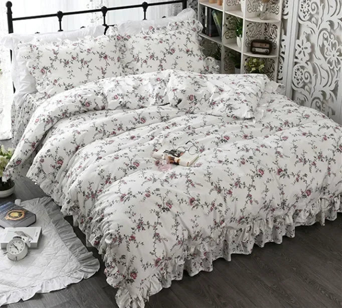 Garden Flower Print King Size Bedding Set Ruffle Duvet Cover Bed Sheet Princess Bed Linens Bedding Set Queen Comforter Sets LadyShow.Store