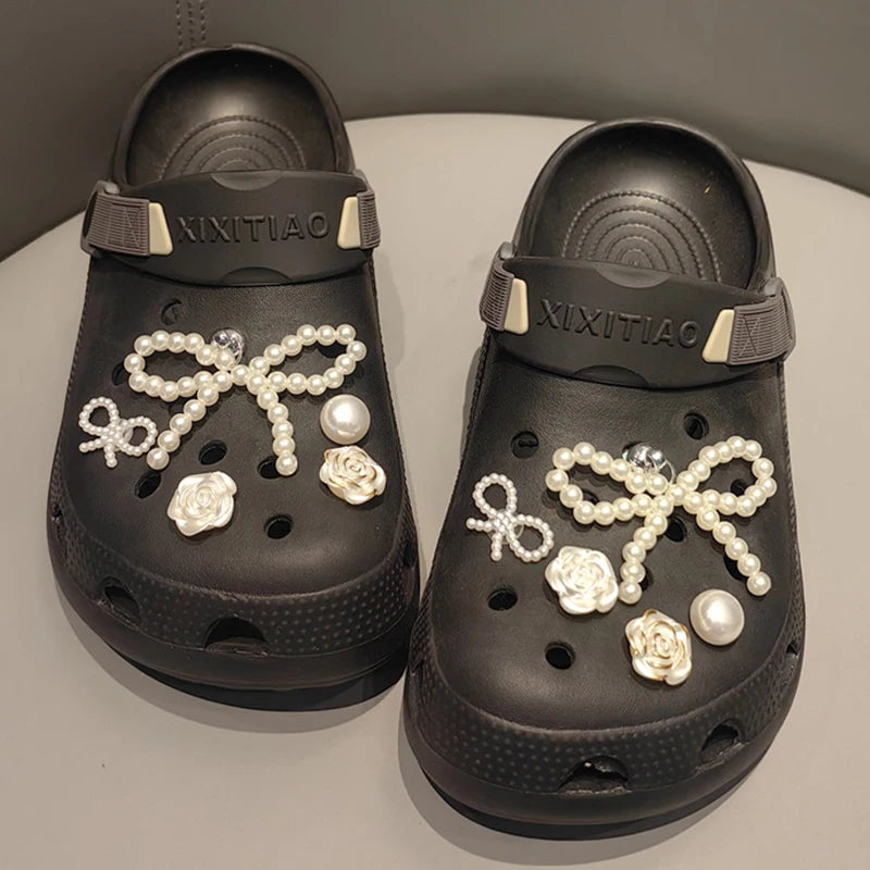New Pearls Bowknot Shoes Charm Set 2026 Punk Heart Flowers DIY Shoe Accessories Ballet Style Silver Detachable Shoe Buckle Decor Pi-Mart