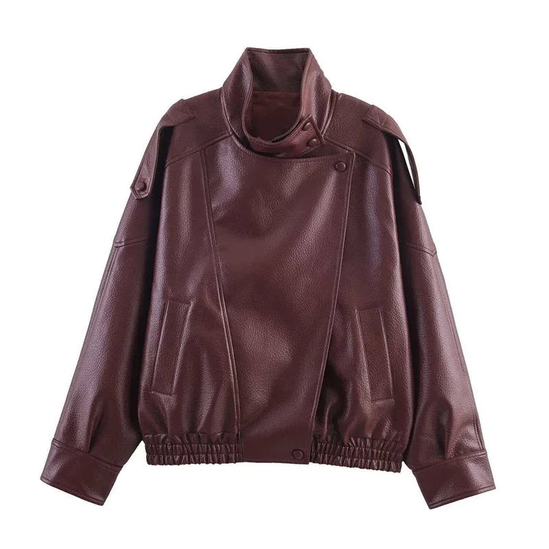 2026 Autumn Women's Faux Leather Jacket Brown Black Long Sleeve Stand Collar Thick Loose Lady Coat Fashion Motorcycle Streetwear LadyShow.Store