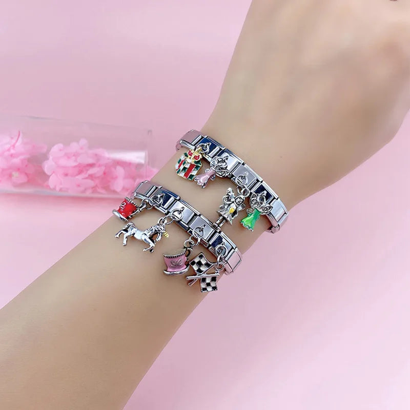 Hapiship 9mm Width Original Daisy Unicorn Angel Cup Santa Claus Italian Charm Fit Bracelet Stainless Steel Jewelry Making DJ050 Pi-Mart