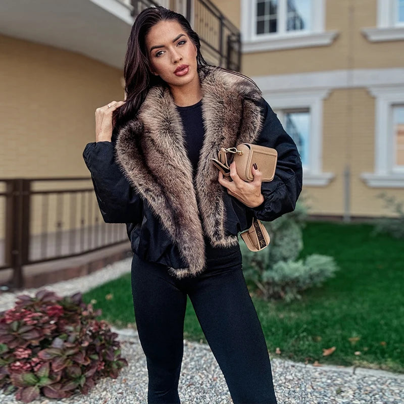Fashion Faux Fur Patchwork Cotton Coat Women Lapel Zipper Pocket Cropped Street Warm Jacket 2026 Winter Lady Puffer Jackets New Pi-Mart