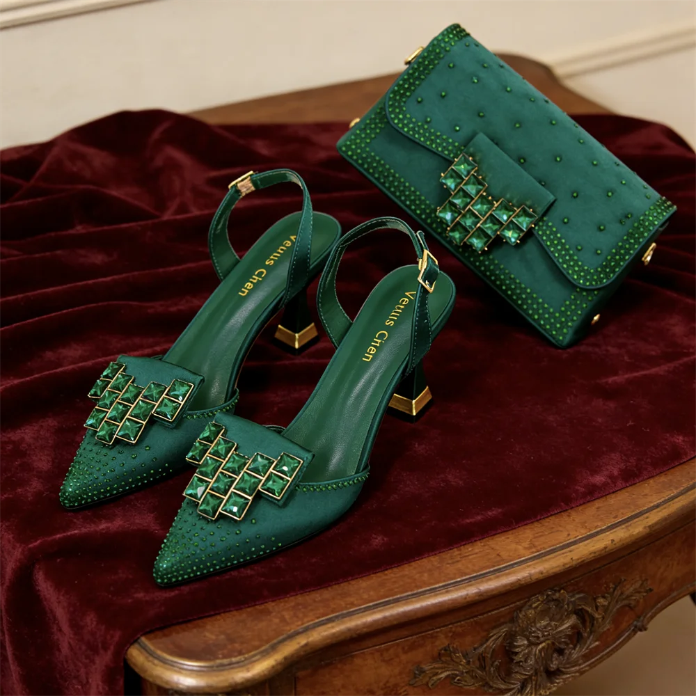 Venus Chan 2026 INS Italy Elegant Rhinestone Pointed Toe High Heels & Matching Bag Set - Perfect for Women's Parties & Weddings Pi-Mart