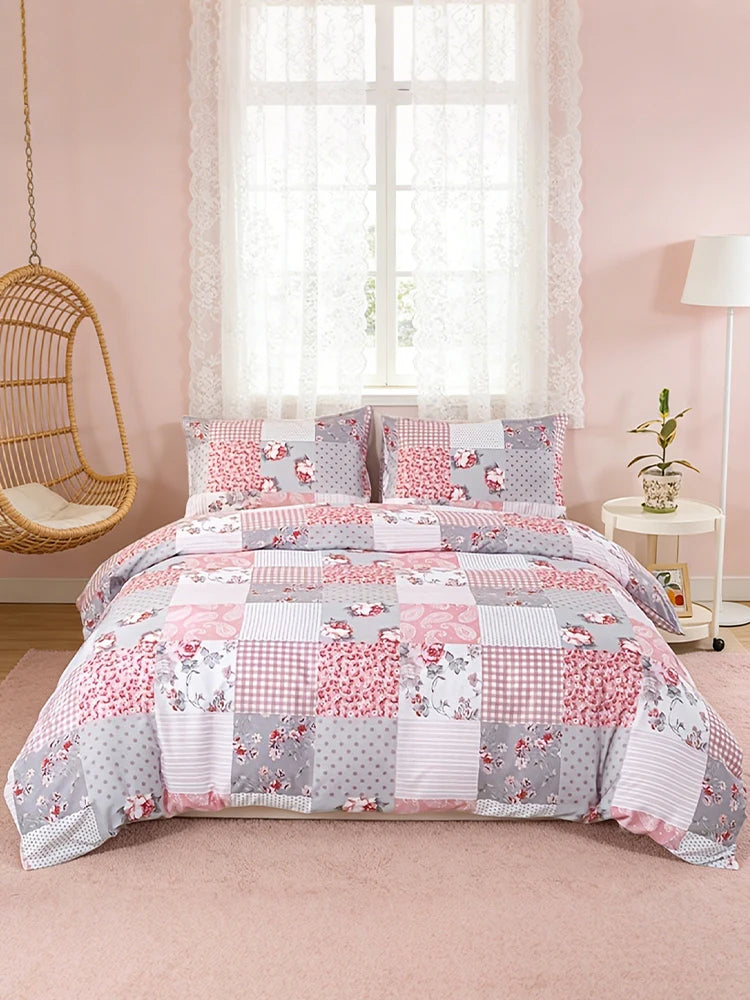 3pcs Splicing floral Pattern Duvet Cover Set, Soft Skin-Friendly Bedding Set Includes 1 Duvet Cover And 2 Pillowcases Pi-Mart