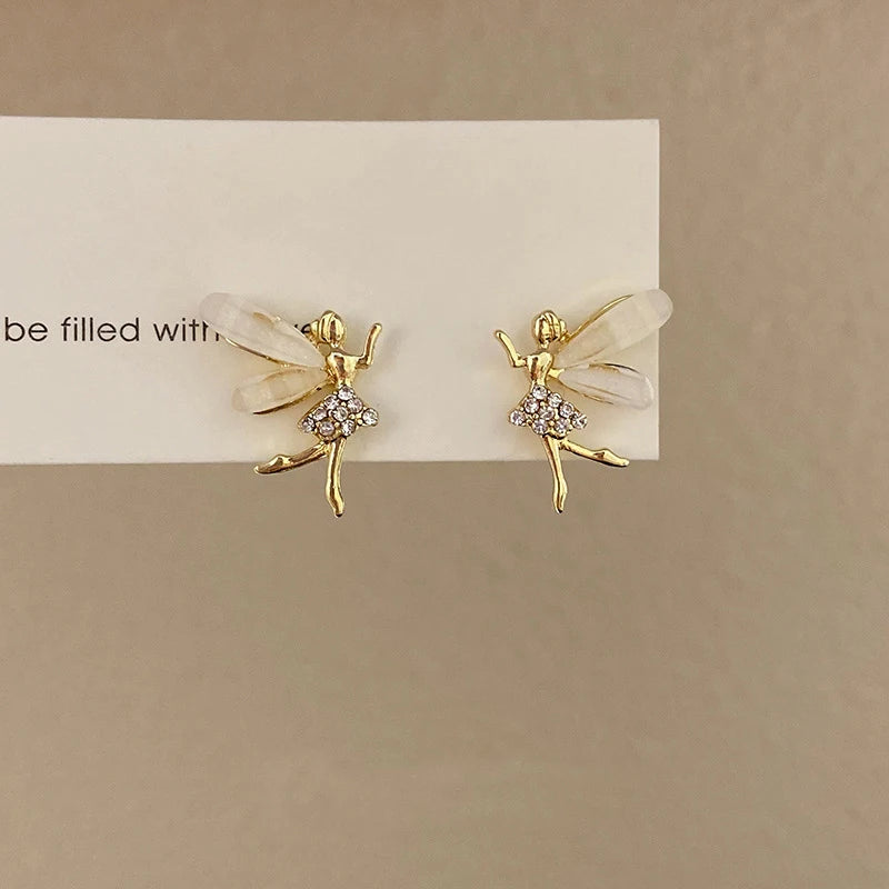 Trendy Girl Dancer Stud Earrings Crystal Acrylic Wings Angle Earrings for Women Korean Cute Sweet Jewelry Pi-Mart