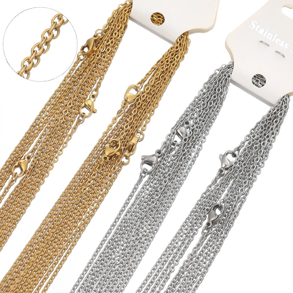 10pcs 50cm 2mm Gold Color Stainless Steel Link Chains Necklaces Fashion Jewelry Cuban Chains Wholesale Chain DIY Crafts Supplies Pi-Mart