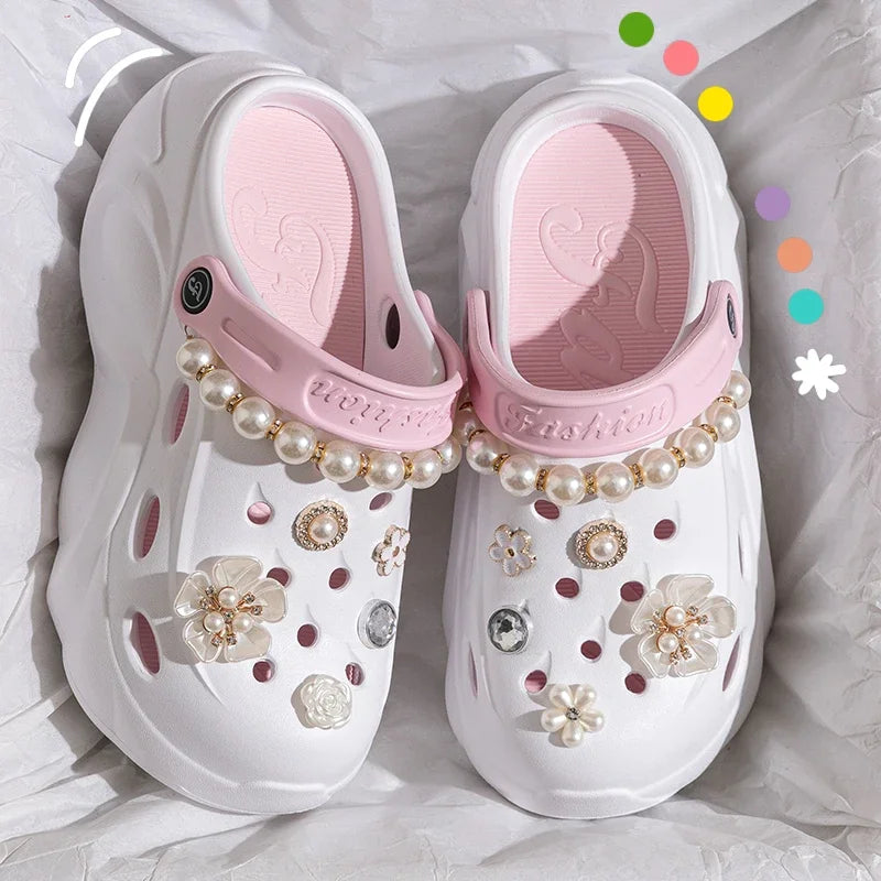 Summer Fashion Pearl Chain DIY Clogs Women 2025 Chunky Platform Slip On Sandals Women Thick Bottom EVA Slippers Shoes Woman Heel LadyShow.Store